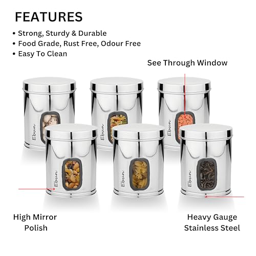 Image of Ebun Stainless Steel See Through Small Containers | Stainless Steel Container with Lid | Steel Kitchen Containers Set | Steel Airtight Container | 750 Gms Capacity | Pack of 6