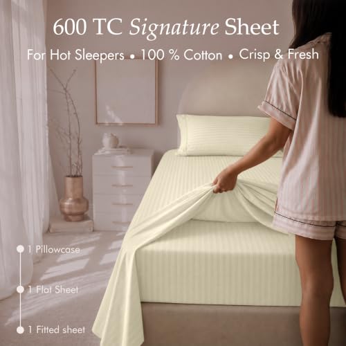 Image of Threadmill 600TC Cotton Twin XL Sheet Set, Sateen, Damask Stripe, Ivory