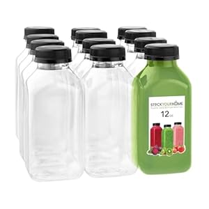 12 oz Juice Bottles with Caps for Juicing (12 pack) – Reusable Clear Empty Plastic Water Bottles – Drink Containers for Mini Fridge, Juicer Shots Includes Labels, Brush & Funnel