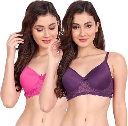 Image of FIMS - Fashion is my style Women Cotton Blend Lace Lightly Padded Bra Seamless Purple Dark Pink Size 38B