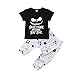Camiseta de para bebé 2 Piezas de Halloween con Mangas Cortas + Pantalones de Cintura Alta con Letra y Calavera con Estampado de Fantasmas 0-4 Años (Negro, 6-12 Meses)