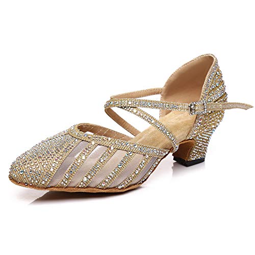 HROYL Women Closed Toe Ballroom Dance Shoes Low Heel Rhinestones Latin Salsa Modern Performance Practice Dancing Shoes YCL4032