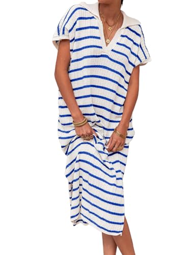 Saodimallsu Womens Striped Summer Dresses Short Sleeve V Neck Knit