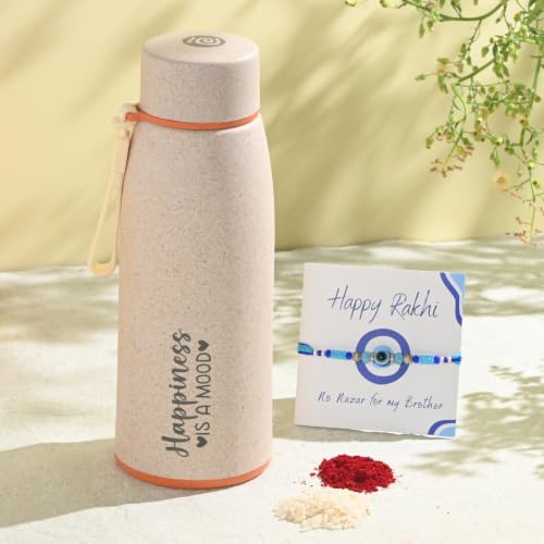 Image of Eha Earth Friendly Rakshabandhan Gift Made with Rice Husk| 400 ml, Set of 1 | Printed Bottle, Rakhi, Keychain, Roli Chawal and Card| Rakhi bottle gift for brother | Rakhi Hamper