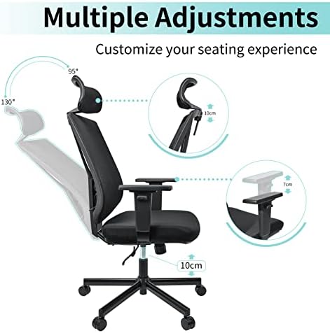 BASETBL Ergonomic Office Chair, High-Back Mesh Desk Chair for Home, Computer Chair with Adjustable Headrest and Lumbar Support, Swivel Executive Chair with Silent Wheels and Up-grated Legs (Black)