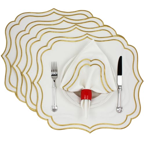 Bryonia Cotton Linen Placemats Set of 4 - Double Layered, Machine Washable, Wrinkle Resistance, Scalloped & Embroidered Cloth Table Mats - Wedding, Spring mat, Giftable, 19 x 17 inch, Ivory Gold