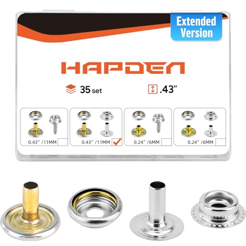 Hapden 140 Pcs Extended Version Canvas Snaps Kit Heavy Duty Snaps Stainless Steel for Fabric Boat Cover Tarps DIY Projects Within 0.32 Cap Post is 0.43 Long