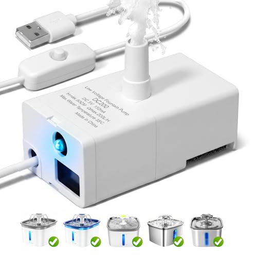 Cat Water Fountain Pump, Replacement Pump for 50oz, 95oz and 108oz Pet Fountain Dog Water Dispenser Ultra Indoor Quiet Long Lifespan USB Water Pump with LED Switch, LED Lights, Low Consumption