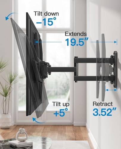 Image of Pipishell Full Motion TV Wall Mount for 26-65 Inch Flat Curved TVs, Heavy Duty Single Articulating Arms, Corner TV Mount Up to VESA 400x400mm and 77lbs, Support Swivel, Tilt, Level Adjustment