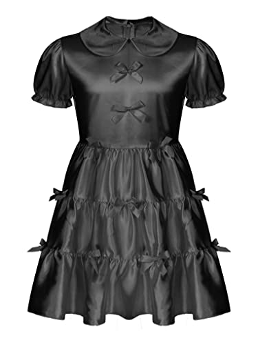 Men's Sissy Crossdressing Dress Shiny Satin Frilly Girly Dress Bowknot Pajamas Sleepwear