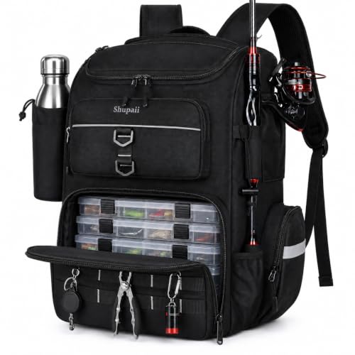 Shupaii Fishing Backpack with Rod Holder, Large Water Resistant Tackle Storage Bag for Fishing Gear, Fishing Bag Gifts for Men