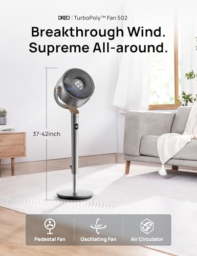 Image of DREO Fan for Bedroom, 120+120Omni-directional Oscillating Fan, 90ft, DC Motor, 20 dB Quiet Standing Pedestal Fans, 8 Speeds, 3 Modes Circulator with Remote, 35-40 inch Adjustable Height, 8H Timer