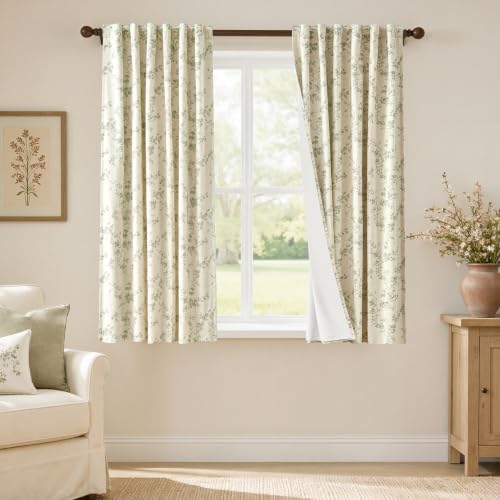 Lazzzy Blackout Vintage Floral Linen Curtains Green on Beige 50×63 2 Panels