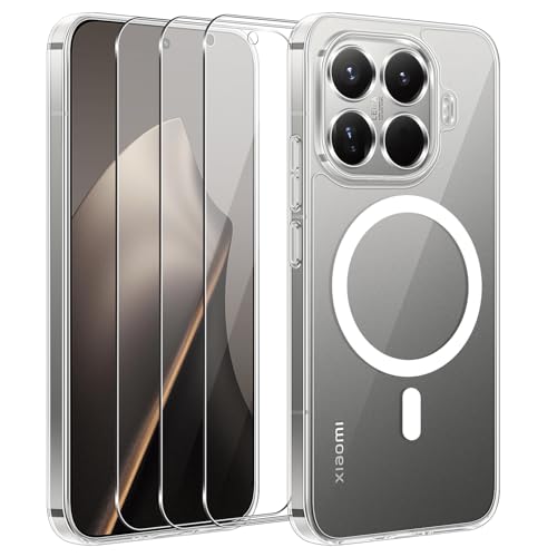 jrester Magnetic Cover per Xiaomi 15T Pro 5G con 3 Vetro Temperato Pellicola Protettiva, Silicone e schienale rigido in PC Protettiva Custodia per Xiaomi 15T Pro 5G - Trasparente