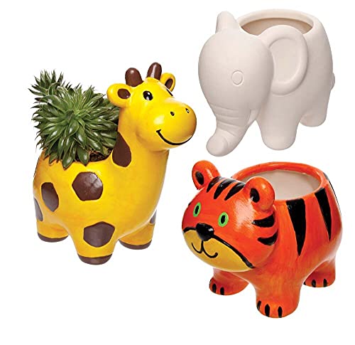 Baker Ross - Baker Ross FE220 Jungle Animal Ceramic Flowerpots Box of 3, Paintable Creative Art and Craft Projects for Kids to Make, Personalise and Decorate - -10%