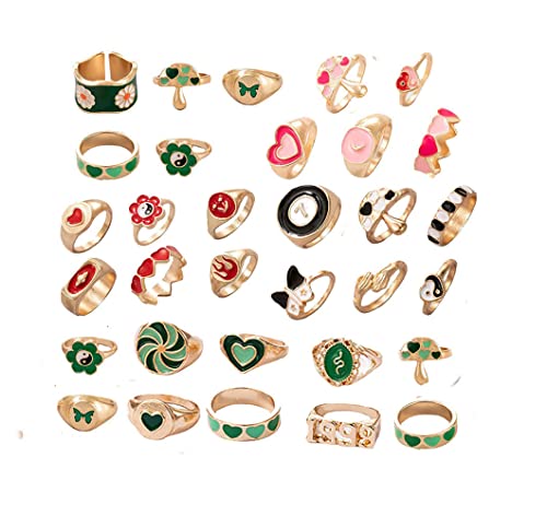 Colorful Rings For Women Teen Girls, Cute Y2K Rings, Chunky Heart Flower Ying Yang Rings,Y2K Jewelry, Trendy Gold Signet Enamel Rings, Aesthetic Statement Stackable Rings (28Pcs Y2K) #TOP5