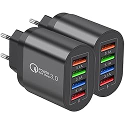 Cargador Usb De Pared Pack 2 Cargador USB para Móvil con Carga Rápida, Enchufe USB Pared Multiple con 4 Puertos, Quick Charge Negro, iPad Huawei Google, Adaptador Corriente Rapido 3.0