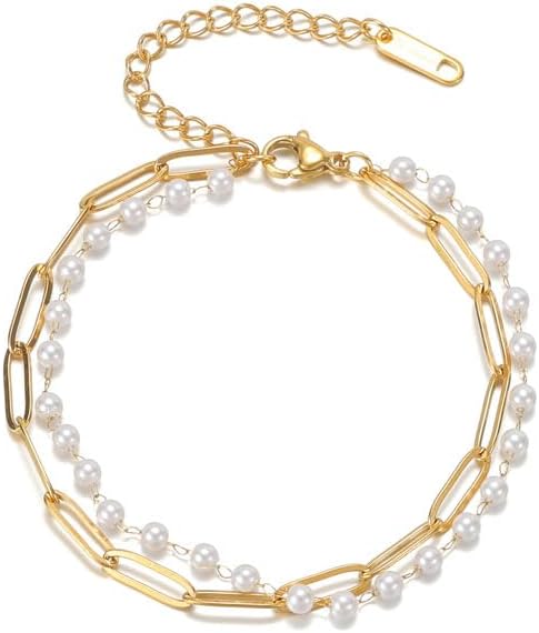 Gold Plated Stainless Steel Pearl Link Chain Bracelets for Women,Dainty Stack Pearls Beaded Paperclip Chain Charm Bracelets Set Layered Tiny Jewelry for Women 17.5+5CM