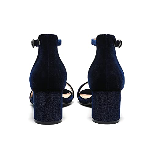 Amoji Women's Block Heels 2.5 Inch Strappy Heels Dressy Sandals Ankle Strap Lady Low Heels Chunky Heeled Sandals 301 VelvetNavy Size 7.5 women — view 5