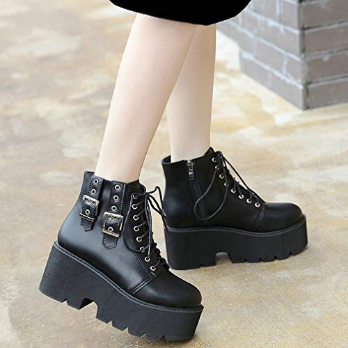 Image of Parisuit Womens Goth Patent Ankle Boots Platform Chunky Combat Boots | Lace Up, Gothic Boots, High Heel, Punk Short Booties, Buckle Boots, Chain Boots