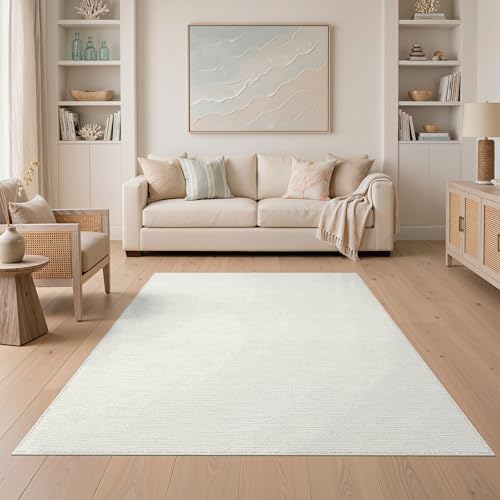 ODIKA 5'x7' Washable Minimalist Solid Area Rug, Ivory Flatwoven Floor Covering Non-Slip Chair-Friendly Carpet for Dining Room, Under Table, Home Office | Ref:2015910