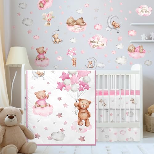 Image of Mixweer 5 Pcs Crib Bedding Set for Toddlers Include Cloud Balloon Bear Theme Crib Sheets, Skirt, Comforter, Pad Cover, Wall Stickers for Boys or Girls Nursery Bedding Sets(Pink)