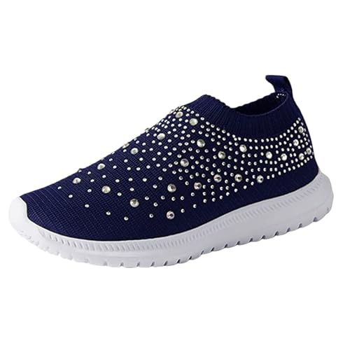 Women's Sparkly Rhinestone Shoes Comfortable Slip On Mesh Knit Walking Shoes Fashion Breathable Spakle Glitter Sneaker for Casual, Walking, Working, Shopping and More Dark Blue