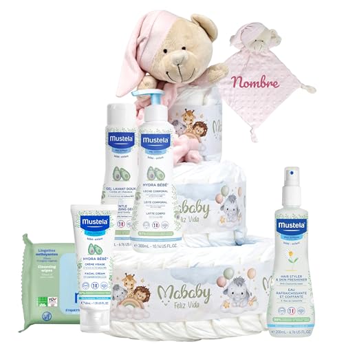 Mababyshop Tarta de Pañales Mis Primeros Cuidados con Doudou Osito Personalizado con Nombre, 42 Pañales Pingo Talla 2, Set de Aseo Bebé, Regalo Recién Nacido (Rosa)