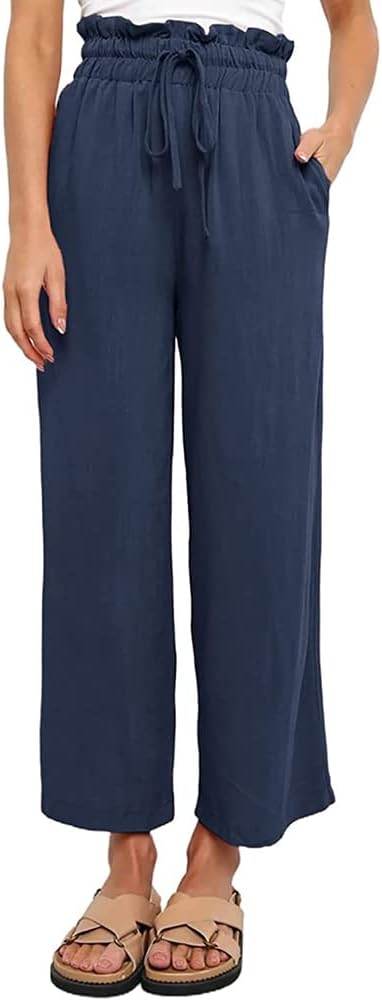 guyueqiqin Women’s Casual Wide Leg Pants High Waisted Drawstring Loose Trousers with Pockets
