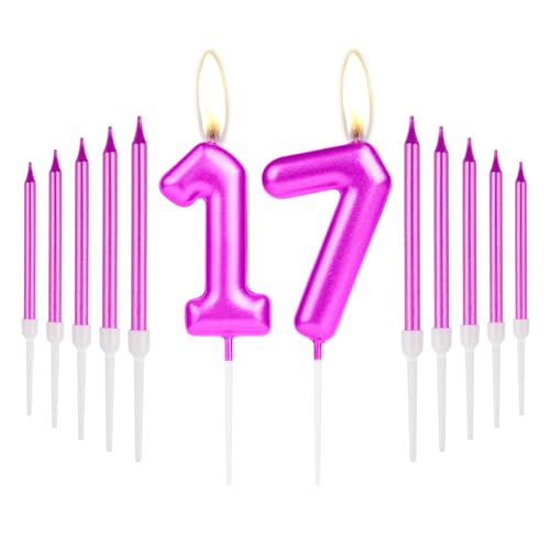 Hot Pink Metallic 17 Number Birthday Candles with Thin Pearl Long Pencil Candles,Glitter 17th Cake Topper Candle for Women 17 Birthday Party Decorations