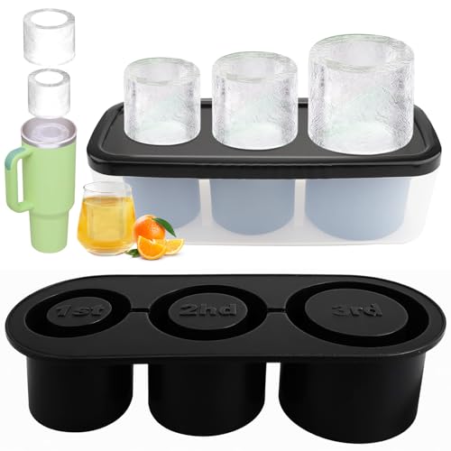 Molde de Hielo en Silicona para Stanley Cup, 3 Moldes Cilíndricos Huecos con Tapa,Ice Cube Tray, Accesorios Reutilizables para Cubitos de Hielo, para 40 onzas, Ideal para Uso Doméstico (Negro)