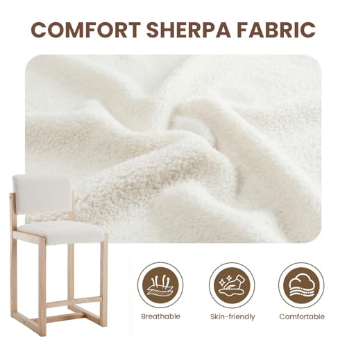 Conjunto de 4 butacos de altura para barra (26 pulgadas) HNY, color blanco Sherpa | Estructura de caucho sólido con asiento y respaldo tapizados, base deslizante moderna para isla de cocina, bar en casa miniatura 5