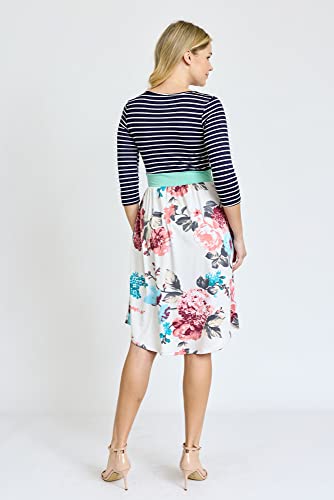 Image of Eloges Women's 3 /4 Sleeve Contrast Waist Band Floral Curved Hem Midi Dress