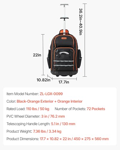 VEVOR Werkzeugrucksack mit Rollen, 50 kg Tragkraft, 72 Taschen, Werkzeugtasche, verstellbarer Teleskopgriff & stabile Basis, Arbeitsrucksack-Organizer für Bau & Mechanik, 450x275x560 mm