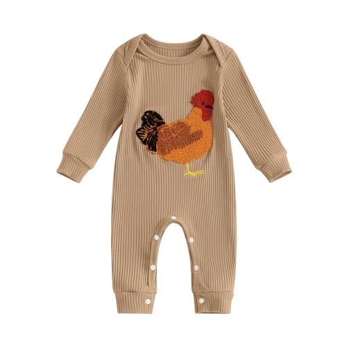 Image of Tsnbre Newborn Boy Girl Outfits Rib Knit Romper Long Sleeve Farm Chicken Bodysuit 0 3 6 9 12 Months Netural Baby Clothes