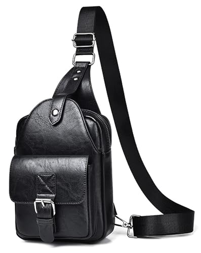 Geanbun Men's Leather Crossbody Sling Bag - Anti-Theft Multi-pocket Shoulder Bag for Hiking Trave (Black)
