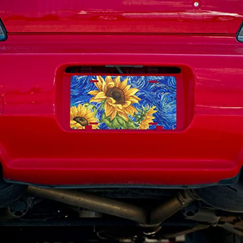 Starry Night Sunflower License Plate Covers Decorative Car Front License Plate Novelty Vanity Tag Aluminum Metal Car Plate For Women Men, 6X12 Inch (4 Holes) #TOP4