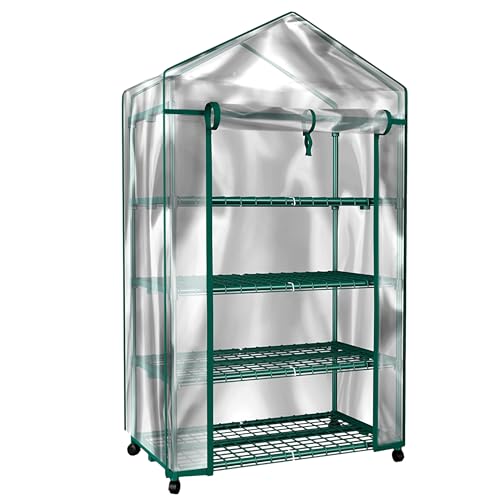 4 Tier Mini Greenhouse - Portable Greenhouse with Locking Wheels and PVC Cover...