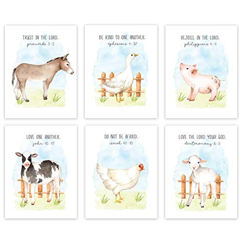 Image of Andaz Press Farm Animals Theme Nursery Kids Bedroom Hanging Wall Art Decor, 8.5x11-inch, Watercolor Sky, Bible Christian Verses, Cow Duck Chicken Pig Lamb Sheep, 6-Pack, Unframed Room Poster