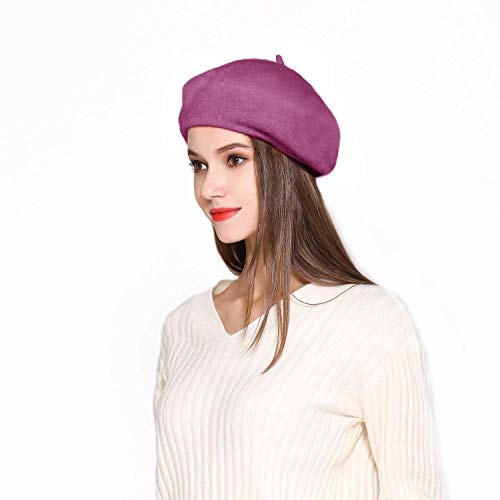 Wool Beret Hat Solid Color French Artist Beret with Skily Scarf and Brooch (Lilac)