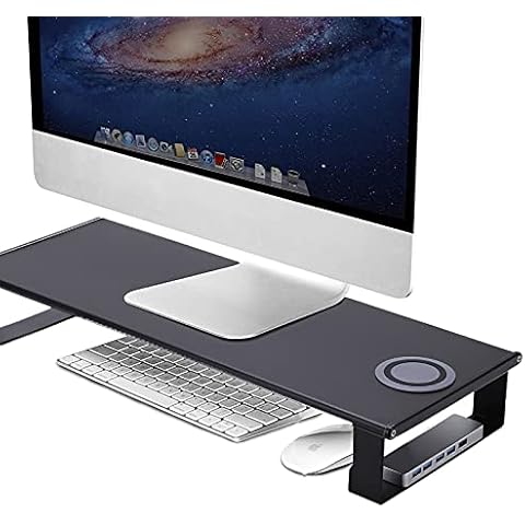 Greensen USB 3.0 Aluminum Monitor Stand, Laptop Stand for Desk with 4 USB, Usb Monitor Stand Wireless Charging, Keyboard and Mouse Storage Desk Organizer for Laptop, 21.65 X 8.27 X 3.15 Inches(black) Cover