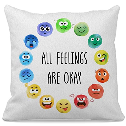 Positive Quote All Feelings Are Okay Decorative Throw Pillow Cover 18″×18″, Mental Health Inspiration Ornament For Therapy Office School Counselor Psychologist Office, Gift For Teens Girls Boys #TOP15