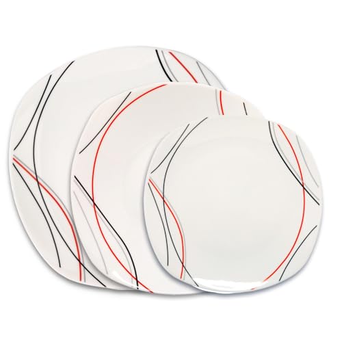 UNIQUE HOME LIVING 12-Piece Dinner Set, White Ceramic Kitchen Dinnerware Sets with Dessert/Soup/Dinner Plates, Service for 4, Microwave & Dishwasher Safe - Red-Grey-Black Lines