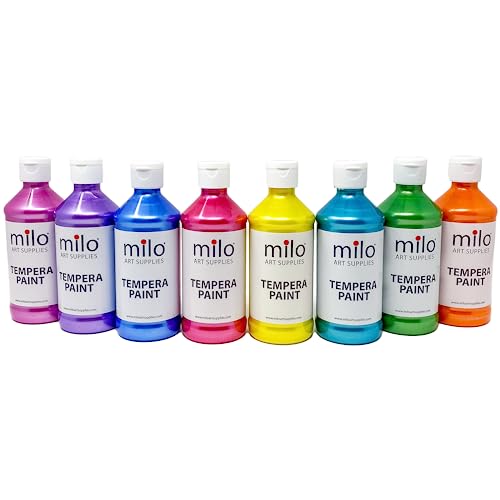 milo Washable Paint for Kids | Sparkle Pearlescent Tempera | Set of 8 Colors 8 oz Bottles | Made in the USA | Washable and Non-Toxic Glitter Art & Craft Poster Paints for Children, Toddlers, Classroom, School, Project
