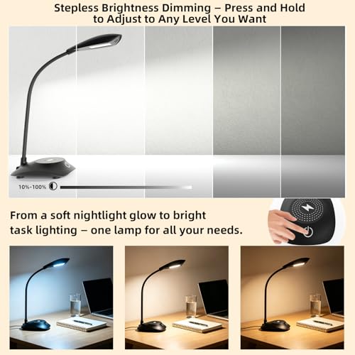 Zensun Desk Lamp for Home Office Compatible with MagSafe Wireless Fast Charging, Dimmable 3 Color Modes, 600LM, CRI 85, Adjustable Neck Study Lamps for College Dorm Room, Adapter Not Included, Black — view 3