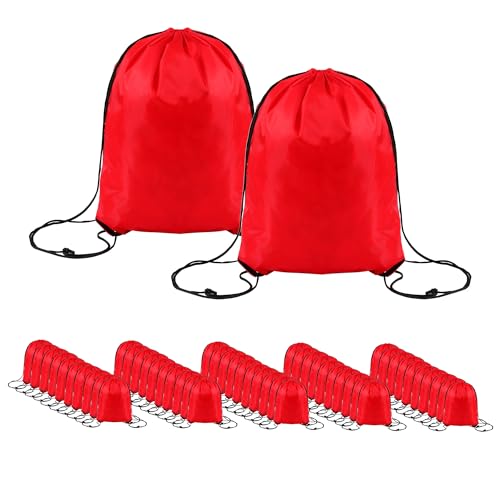40 Pack Drawstring Backpack With Key Tag 13.39“X16.53” Sport Bag Cinch String Backpack Swimming Bag Football Bag Party Beach Bag Team Bag (Red)