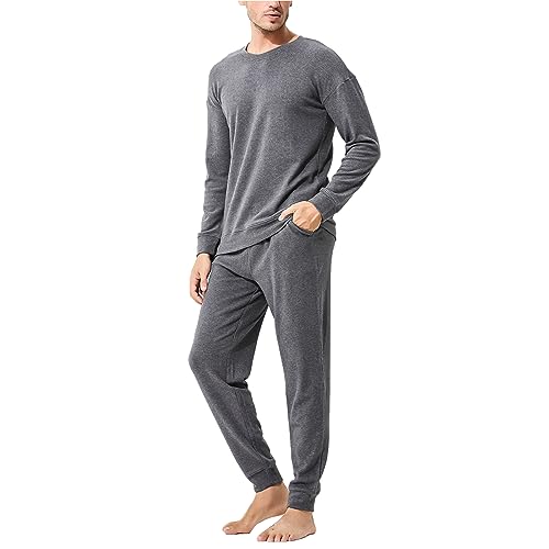 Mens Pajamas Sets, Casual Crew Neck Long-Sleeved Sleepwear Top & Bottom Pjs Set Loungewear with Pockets