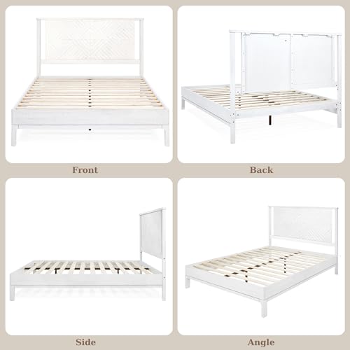 Image of Bme Ethan Queen Bed Frame with Diamond Headboard, Mid-Century Modern, Solid Acacia Wood, No Box Spring Needed, Fits All Mattresses, Rustic White