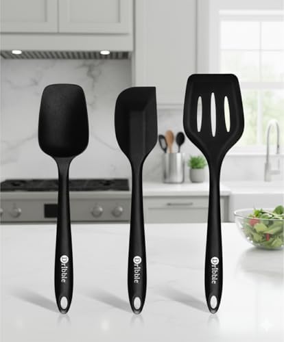 Image of Dribble Premium Big & Sturdy Silicone Spatula Set of 3, Heat Resistant Spatulas for Non Stick Cooking,Baking & Mixing-BPA-Free & Food Grade, Black