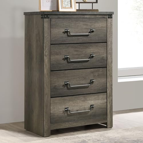 HKHUANKEDA Farmhouse Style Rustic Gray Chest with Four English Dovetail Drawers Antique Brass Handles and Center Metal Glides